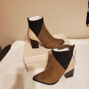 Justfab booties, 5.5, black multi,  dark brown, with beige and black design